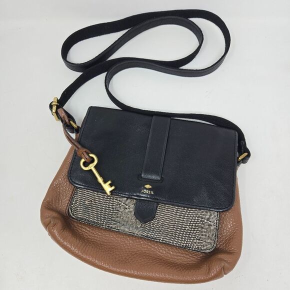 FOSSIL Kinley Women's Purse Black Brown Leather Shoulder Strap Key Zip - Picture 1 of 15